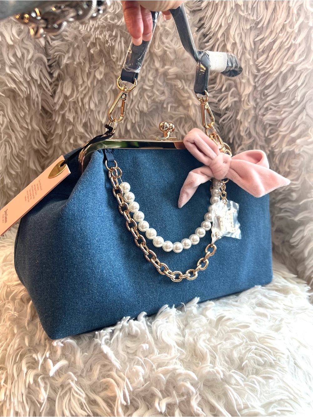 Juicy Couture Blue Denim Frame Satchel with Pink Bow and Pearl Chains - Picture 6 of 9